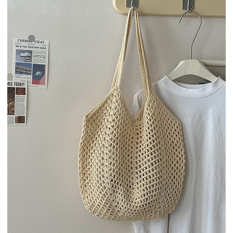 Casual Large Capacity Cotton Thread Woven Bag Hollow Out Cutout Straw Bag Idle Shoulder Bag Vacation Beach Bag Women Bag Bella Mia