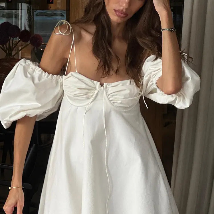 Elegant White Cami Dress A Line With Spaghetti Strap And Ruched Details Bella Mia