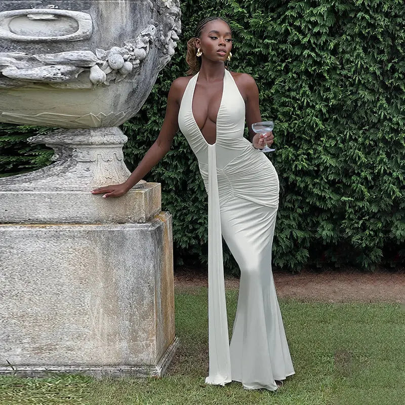 Spring Summer Women Elegant Sexy Deep V Plunge neck Halter Slim Pleated Dress Women Bella Mia