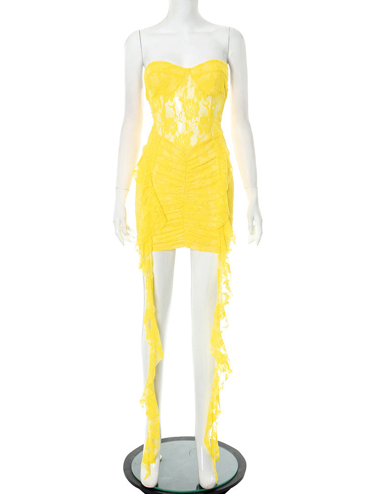 Women Clothing Sleeveless Backless Lace Ribbon Ruffled Skinny Sheath Short Dress Bella Mia