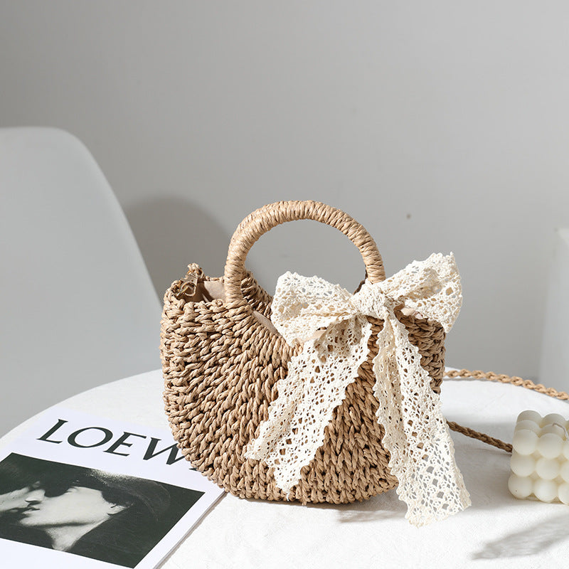 Crossbody Small Bag for Women Lace Bow Hand Woven Bag Shoulder Portable Crossbody Straw Woven Bag Bella Mia