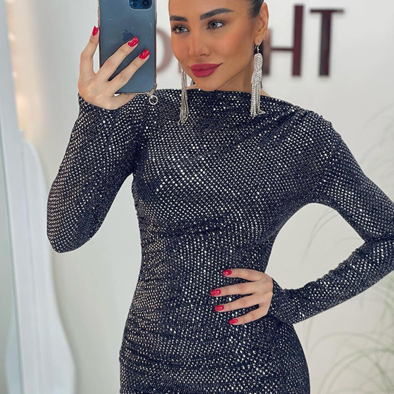Women Sequin Design Slim Fit Graceful Tight Sexy Long Sleeve Narrow Dress Women Bella Mia