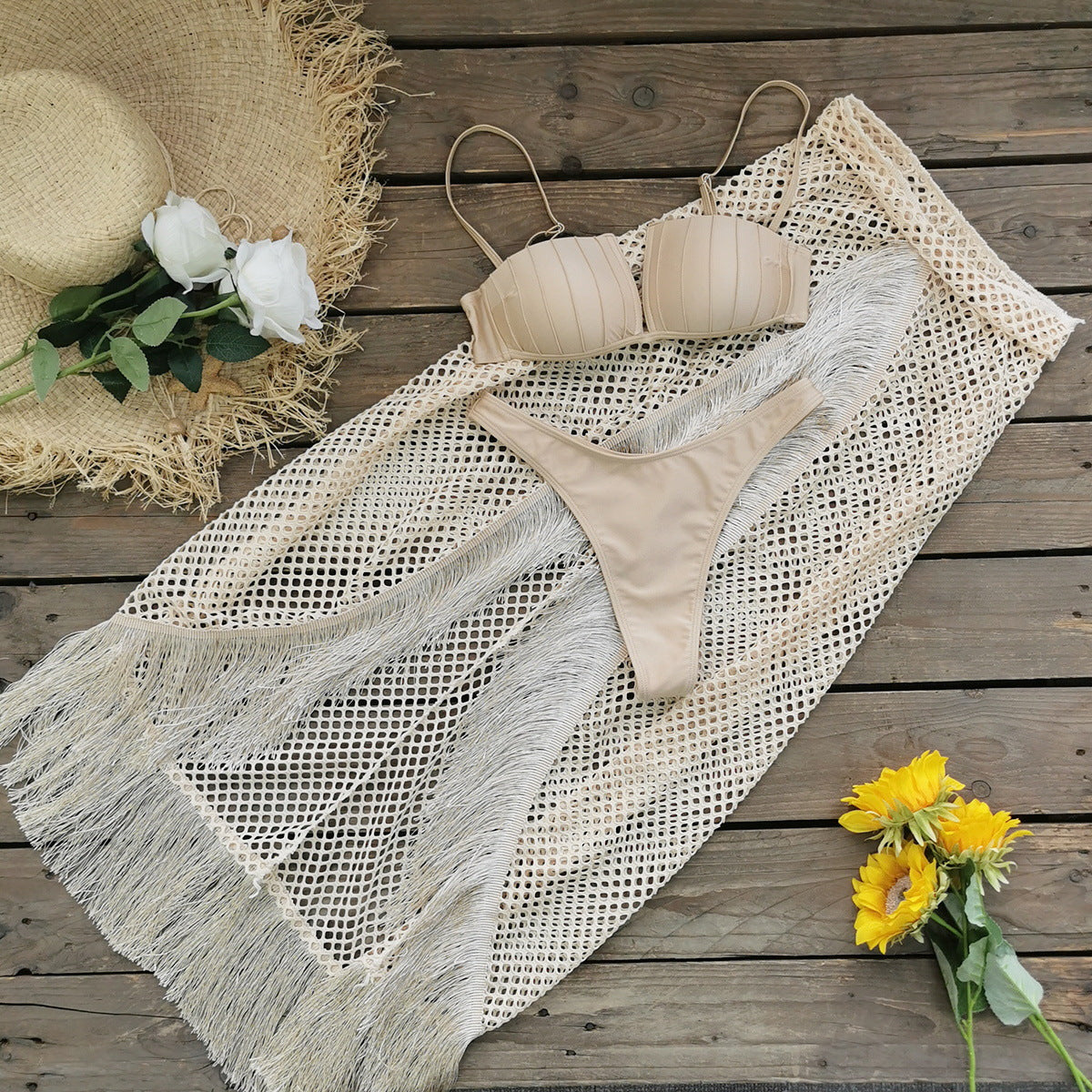 Bikini Half Length Tulle Skirt Tassel Three Piece Set Sexy Split Swimsuit Beach Bella Mia