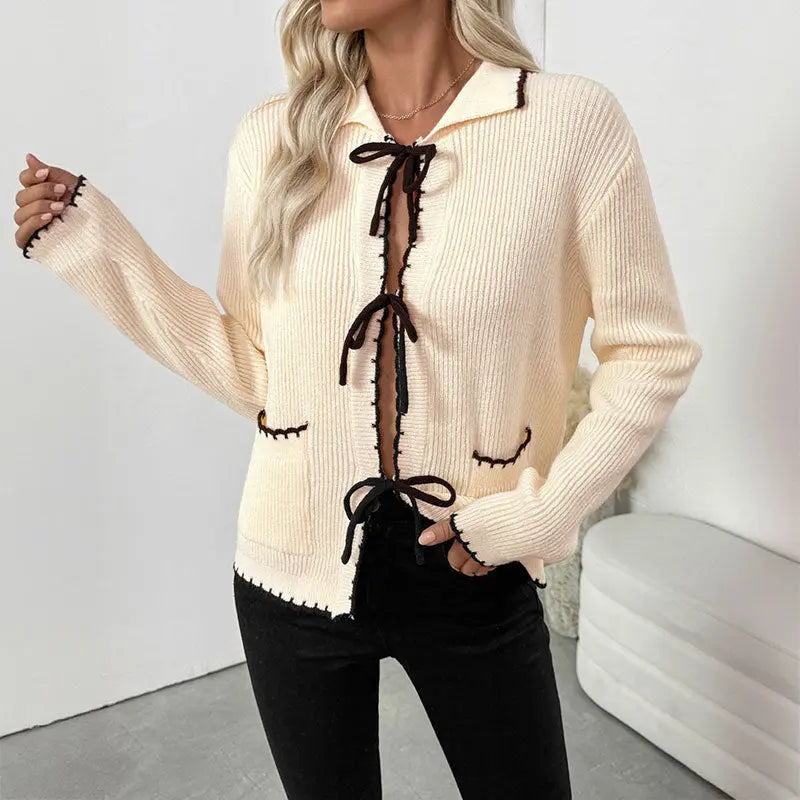 Sweet Chanel Bow Lace up Turn down Collar Trim Contrast Color Sweater Women Cardigan Bella Mia