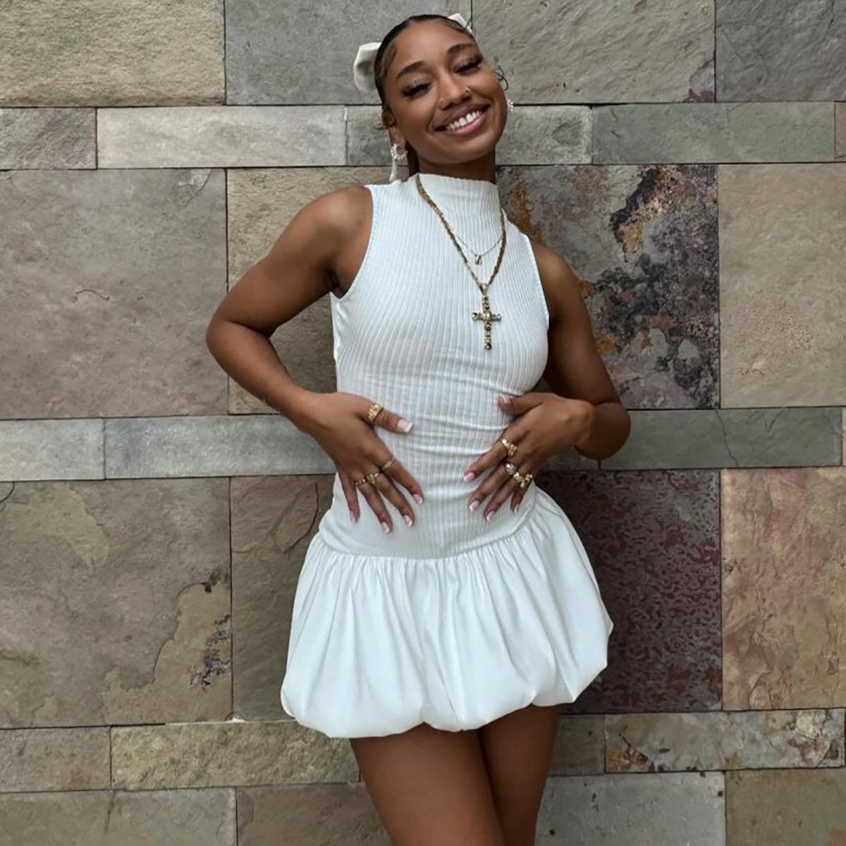 Women Clothing Summer Sexy Back Hollow Out Cutout Out Slim Fitting Patchwork Pleated Dress Women Bella Mia