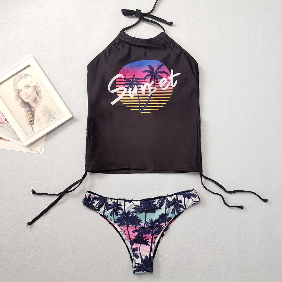 Coconut Tree Printed Lace up Swimsuit Conservative Belly Covering Women Bikini Bella Mia