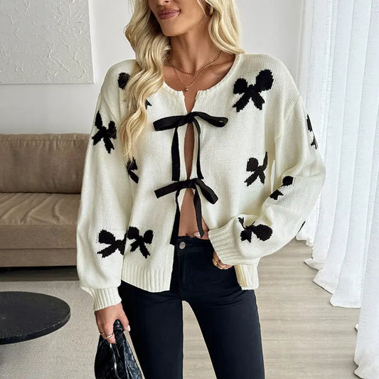 Sweet Design Lace up Bow Pattern Women Sweater Cardigan Bella Mia