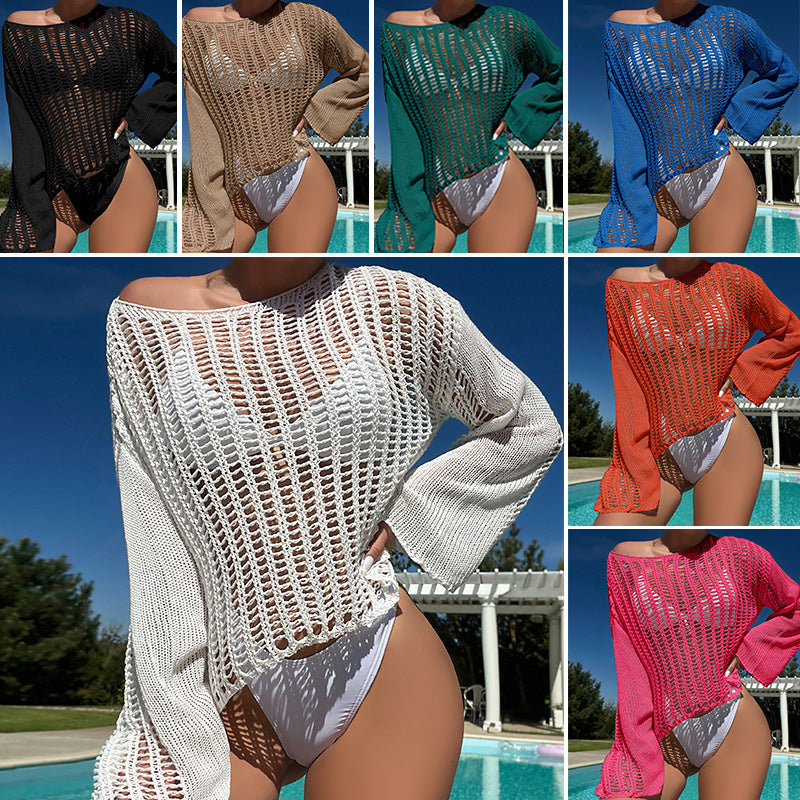Sexy Loose Fitting Pullover round-Neck Hollow Out Cutout Texture Sheer Long Sleeve Bikini Short Sun Protective Clothing Crochet hook Bella Mia