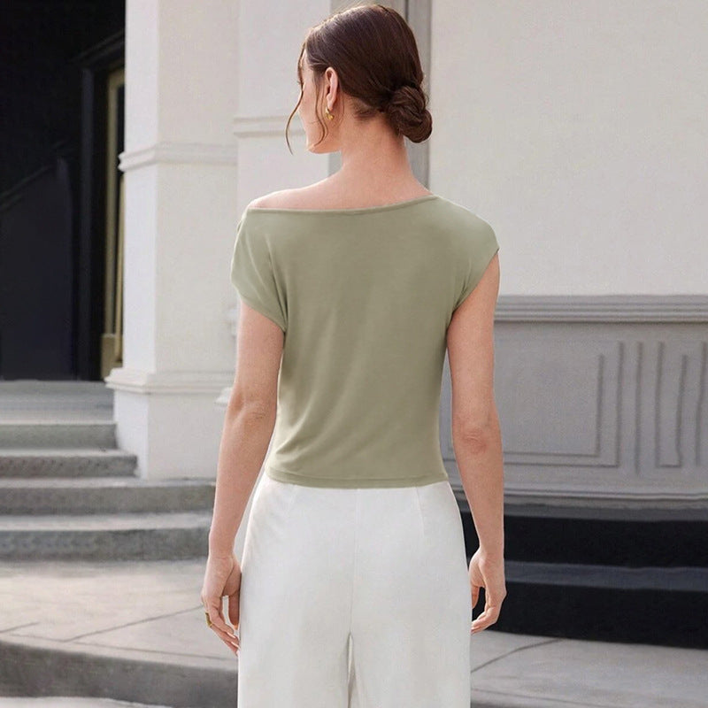 Summer Women Clothing Solid Color Simple Personality Diagonal Collar Sleeveless Cinched Slimming Pullover Women Bella Mia