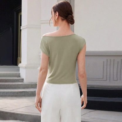 Summer Women Clothing Solid Color Simple Personality Diagonal Collar Sleeveless Cinched Slimming Pullover Women
