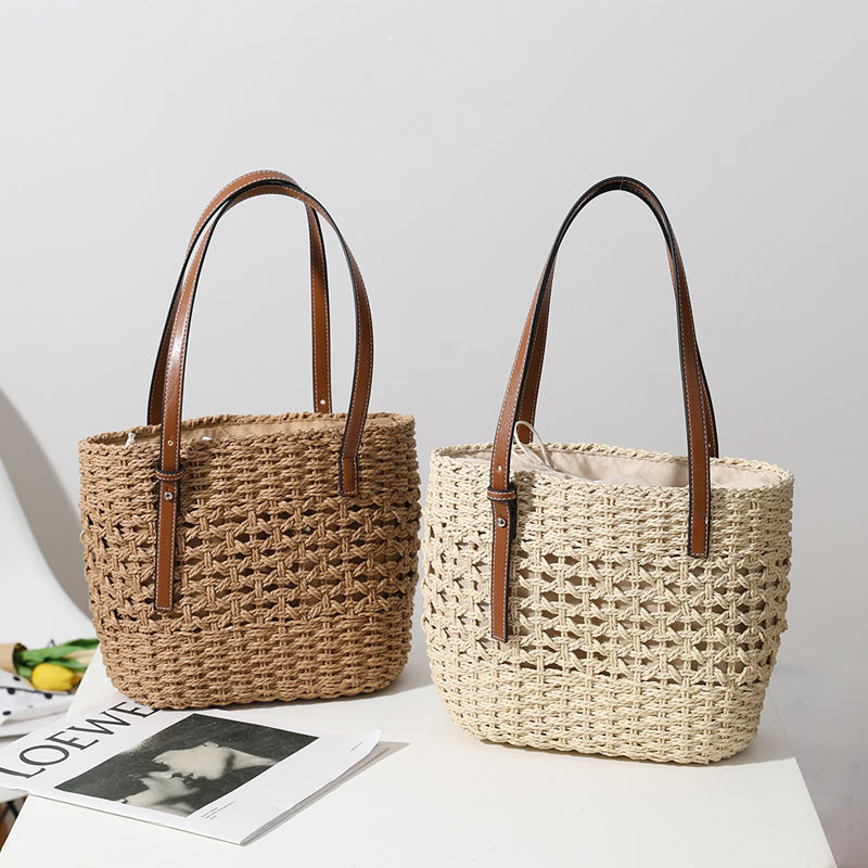 Straw Woven Bag Women Hollow Out Cutout Handmade Straw Bag Woven Bag Shoulder Portable Straw Weaved Bag Seaside Vacation Beach Bag Bella Mia