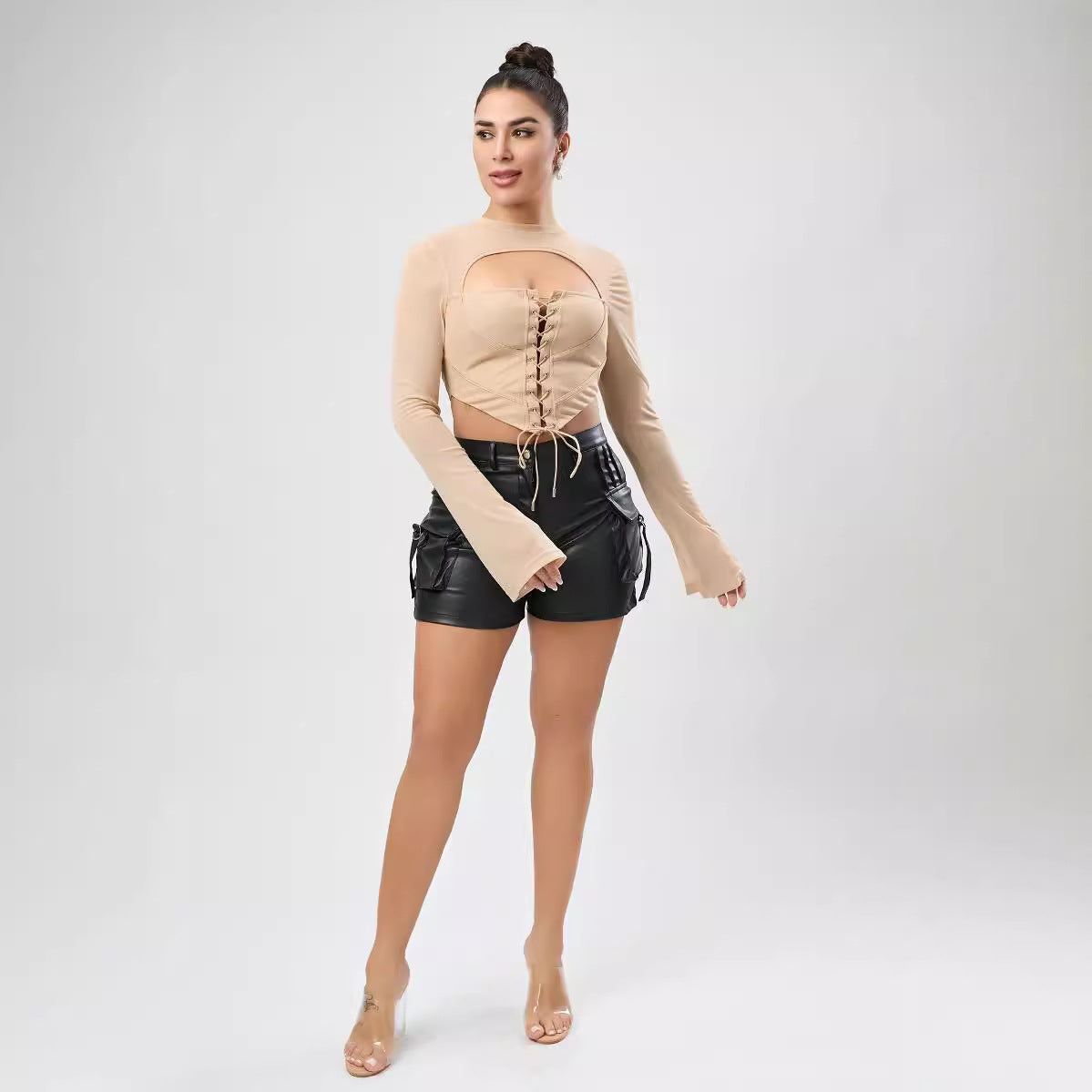 Sexy Women Autumn Solid Color Casual Backless Half High Collar Long Sleeves Strap Mesh Slim Fit Short Top Bella Mia