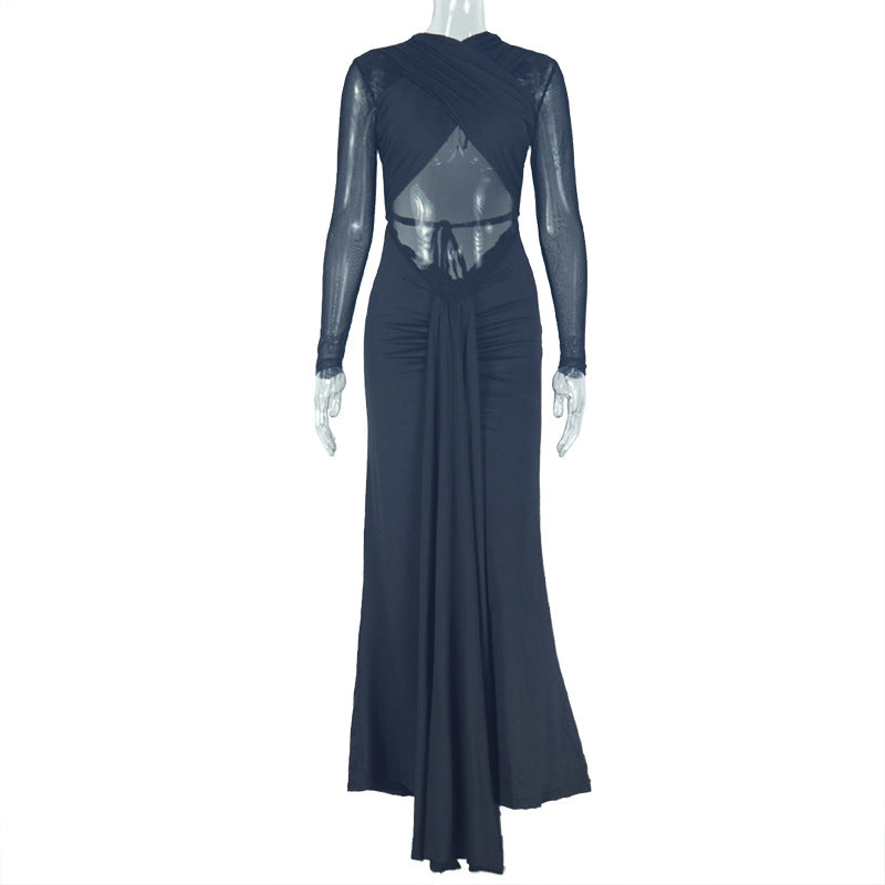 Elegant Simple Women Clothing Sexy Slim Hip Micro Transparent One Step Solid Color Pleated Wrapped Chest Length Dress Bella Mia