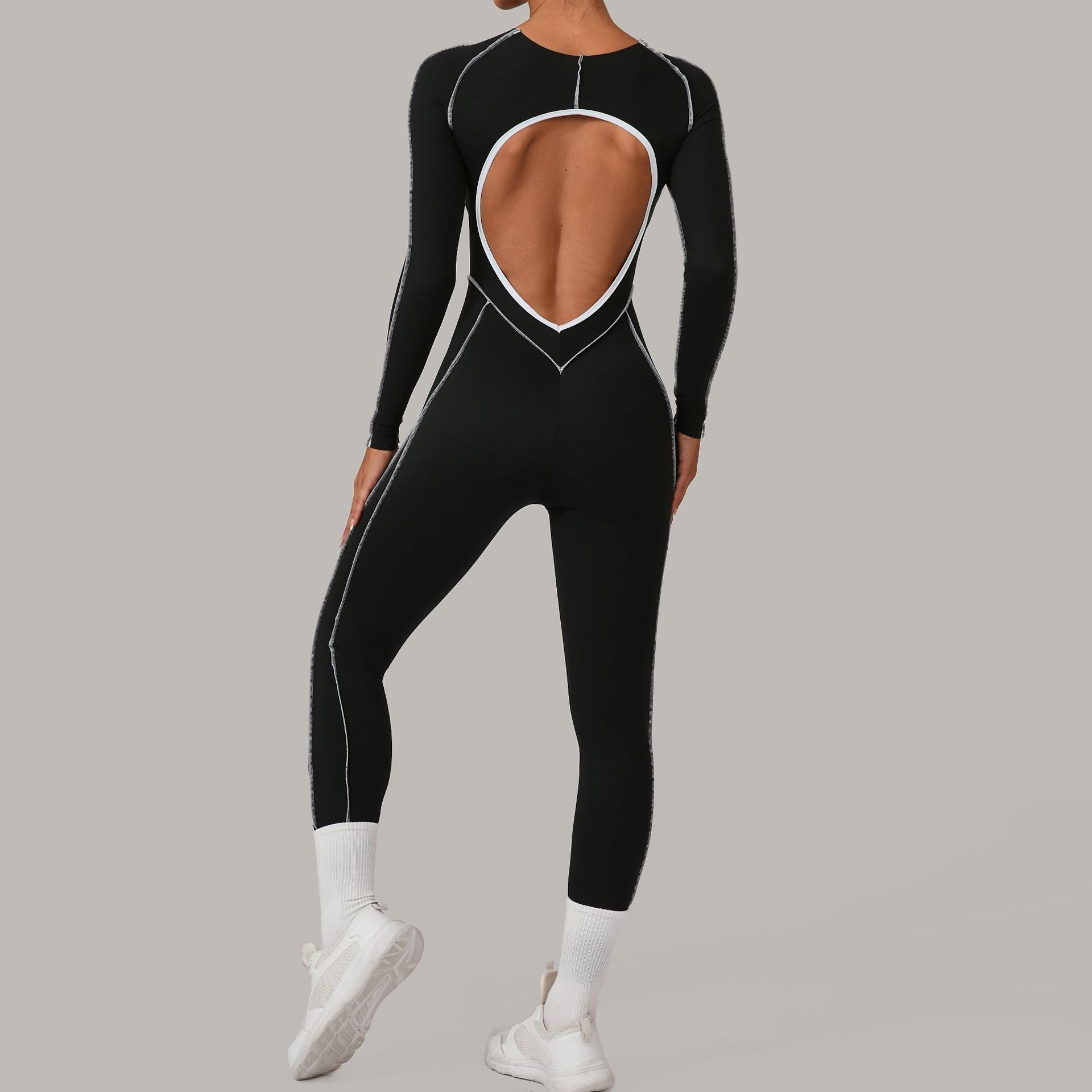 Three Dimensional Cut Color Matching Long Sleeve Yoga Jumpsuit High Strength Fitness Sports One Piece Tights Bella Mia