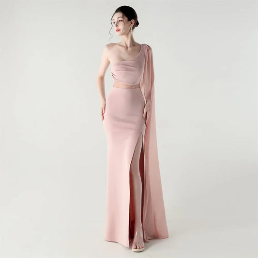 One Shoulder Satin Maxi Dress With Mesh Stitching Ruched Details Bella Mia