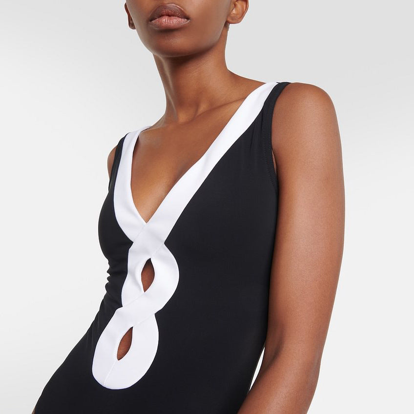 Black White Simple Hollow Out Cutout Out Swimsuit Women Skirt Set Bella Mia