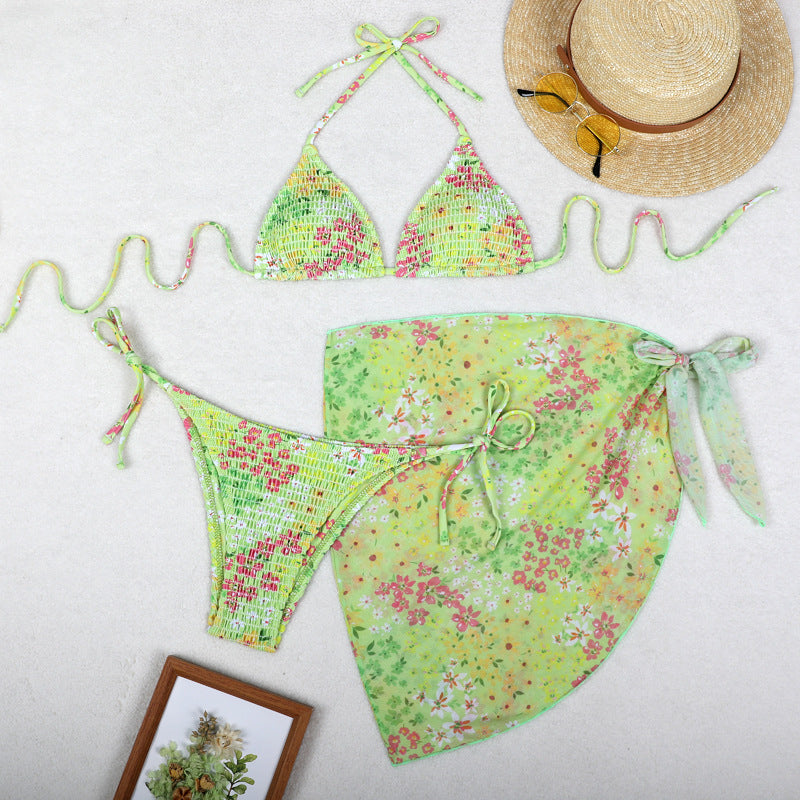 Printed Bikini Three Piece Gauze Skirt Split Sexy Vacation Bikini Swimsuit Bella Mia