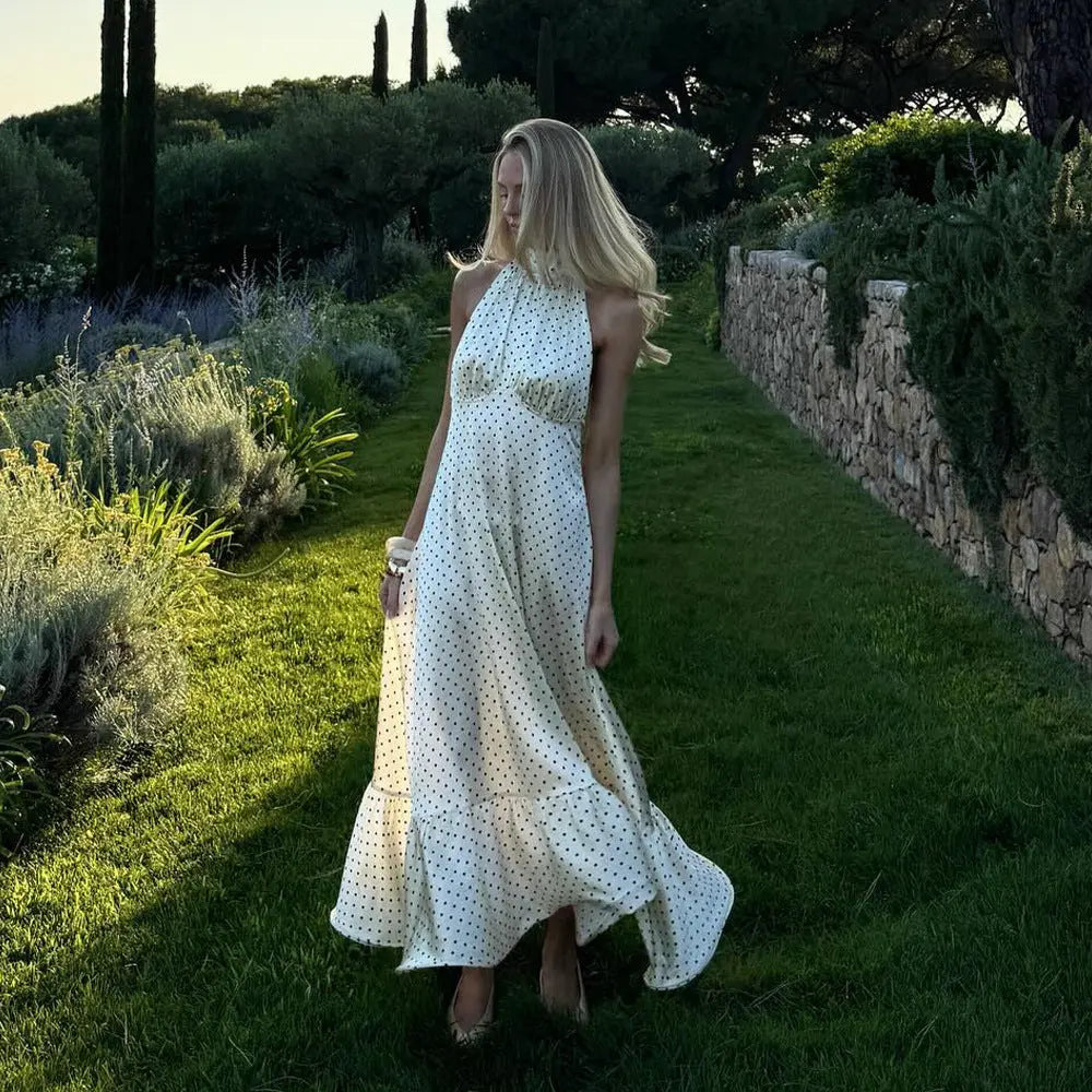 French Halter Polka Dot Satin Dress Sexy Elegant Backless Waist Trimming Dress Bella Mia