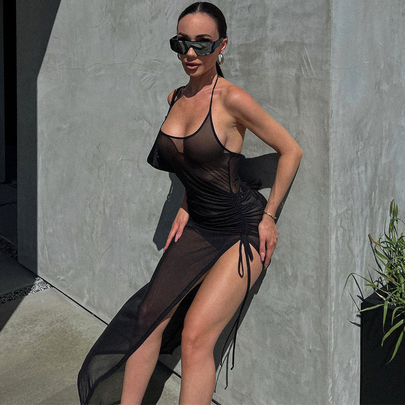 Women Clothing Summer Mesh Sexy See through Slit Slim Fitting Dress Bella Mia
