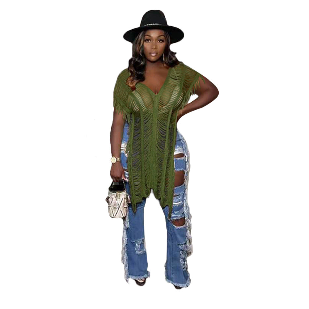 Women Clothing Solid Color Casual Tassel Hollow Out Cutout T shirt Bella Mia