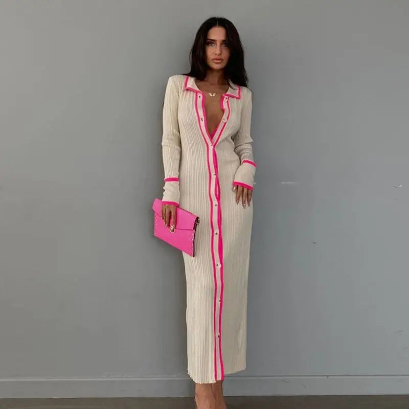 Patchwork Collared Cardigan Acrylic Midi Dress Long Sleeve For Office Women Bella Mia