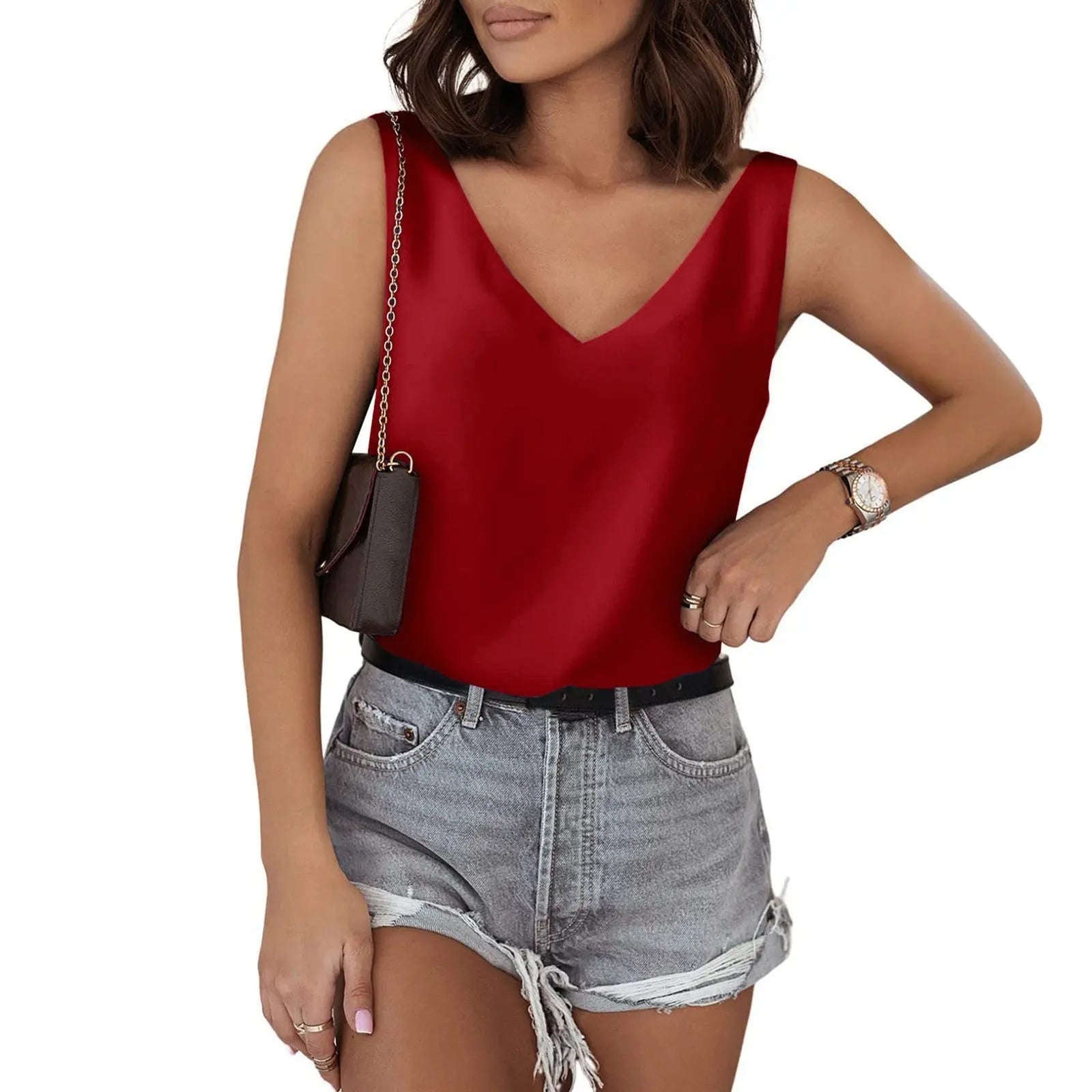 Solid Color Satin Vest V neck Casual Camisole Sleeveless Shirt Summer Basic Bella Mia