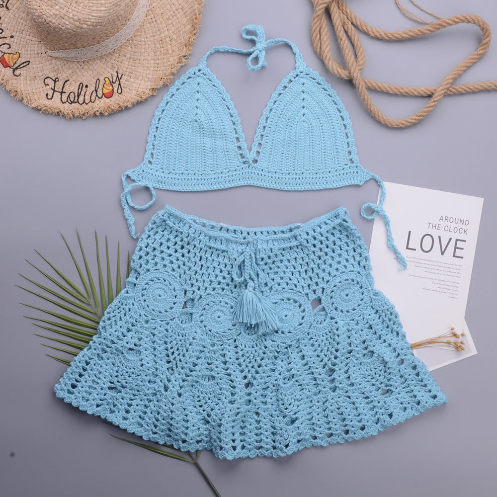 Hollowed out Lotus Bud Short Skirt Split Hand Woven Beach Swimsuit Vacation Two Piece Sets Bella Mia