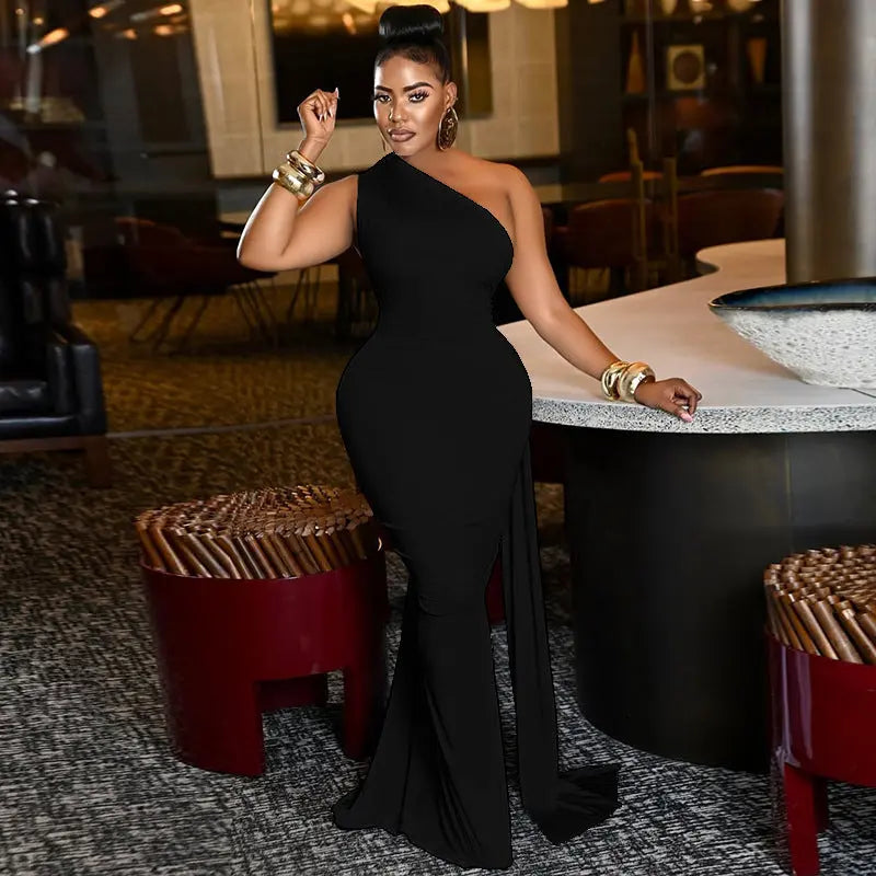 Women Clothing Tied Slim Fit Design Slimming Hip Pleated Diagonal Collar Shoulder Solid Color Length Dress Bella Mia