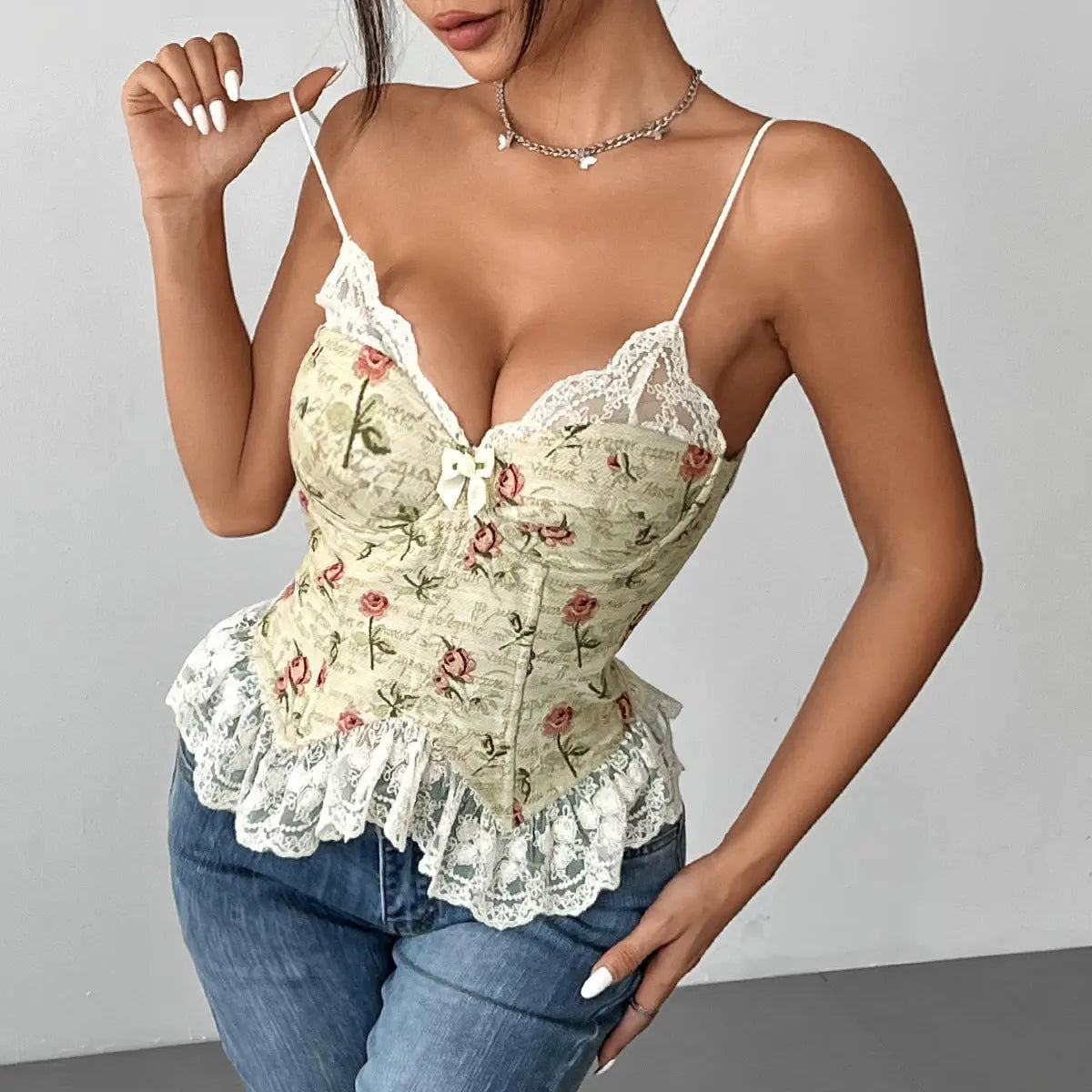 Women Clothing Vintage Jacquard Niche Stitching Sexy Lace Lace Spaghetti Strap Vest Bella Mia