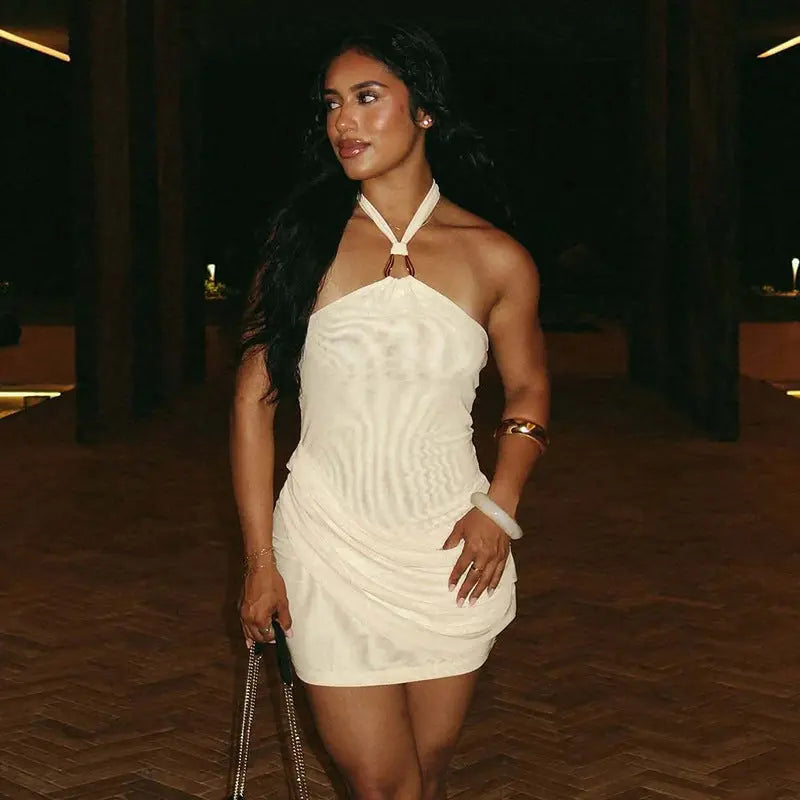 Summer Sexy Stitching Gauzy Package Hip Short Solid Color Street Halter Dress Women Bella Mia