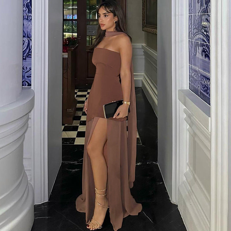 Women Spring Clothing Sexy Slim Fit Backless Mesh Stitching Tube Top Dress Scarf Collar Bella Mia