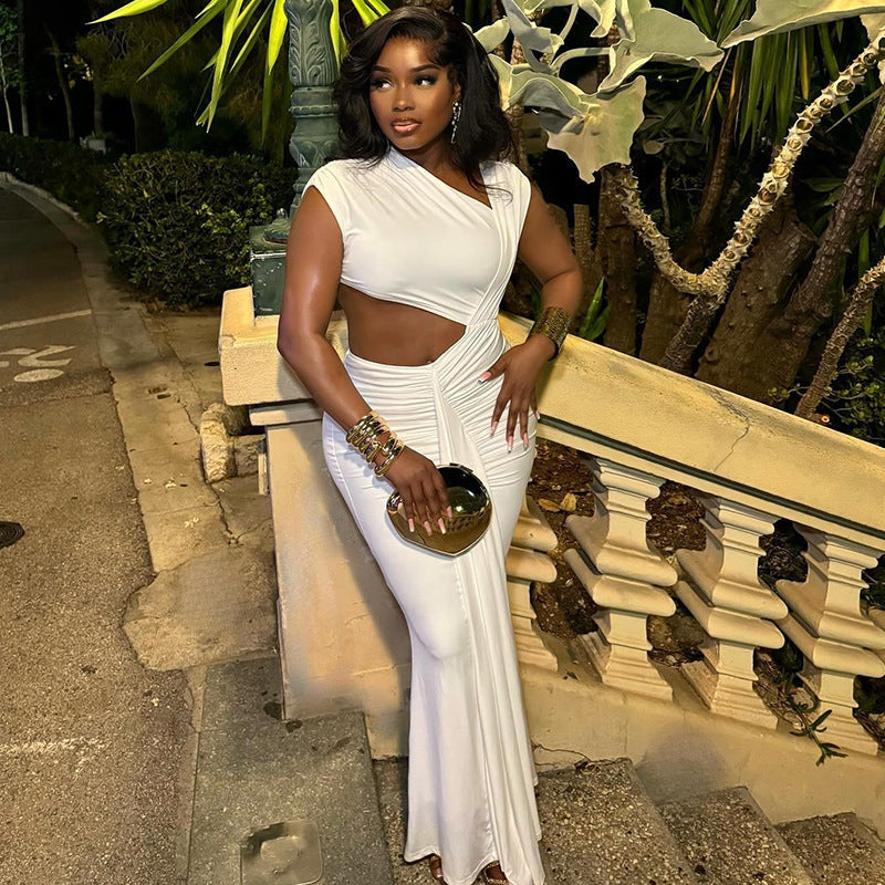 Women Clothing Solid Color Dress Diagonal Collar Sleeveless Ribbon Fishtail Dress Bella Mia