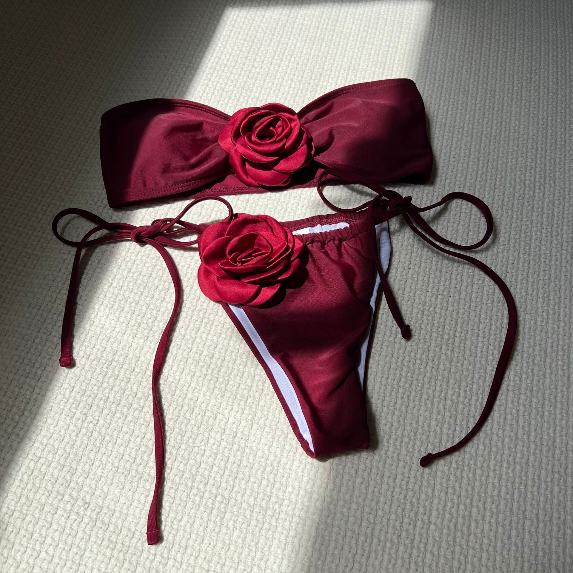 Solid Color Rose Tube Top Drawstring Strap Split Swimsuit Bikini Bella Mia