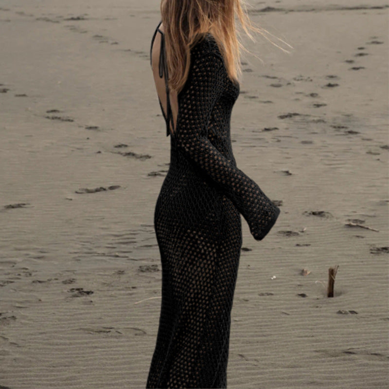 Holiday Front Long Hollow Out Cutout Metal Buckle V neck Long Sleeve Dress Beach Sun Protection Backless Smock Dress Bella Mia