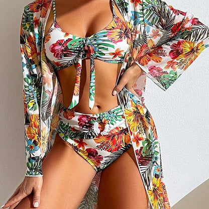 Swimsuit Split Three Piece Long Sleeve Conservative Bikini Printed Beach Swimsuit Women Bikini Cover