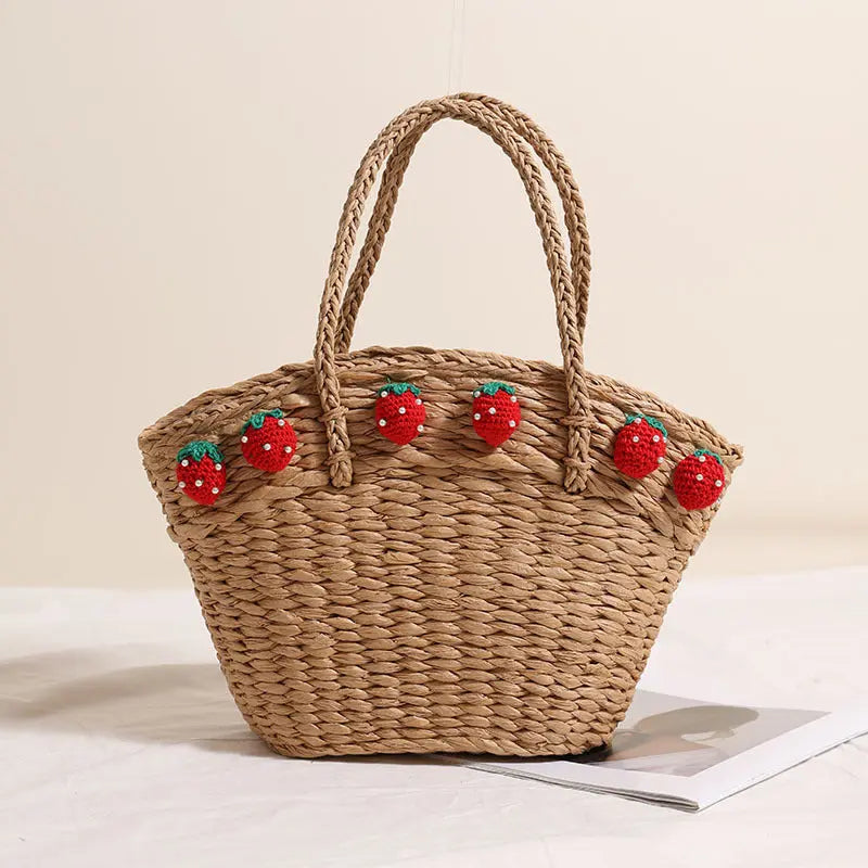 Strawberry Straw Basket Bag With Handles Large Capacity Beach Tote Bella Mia