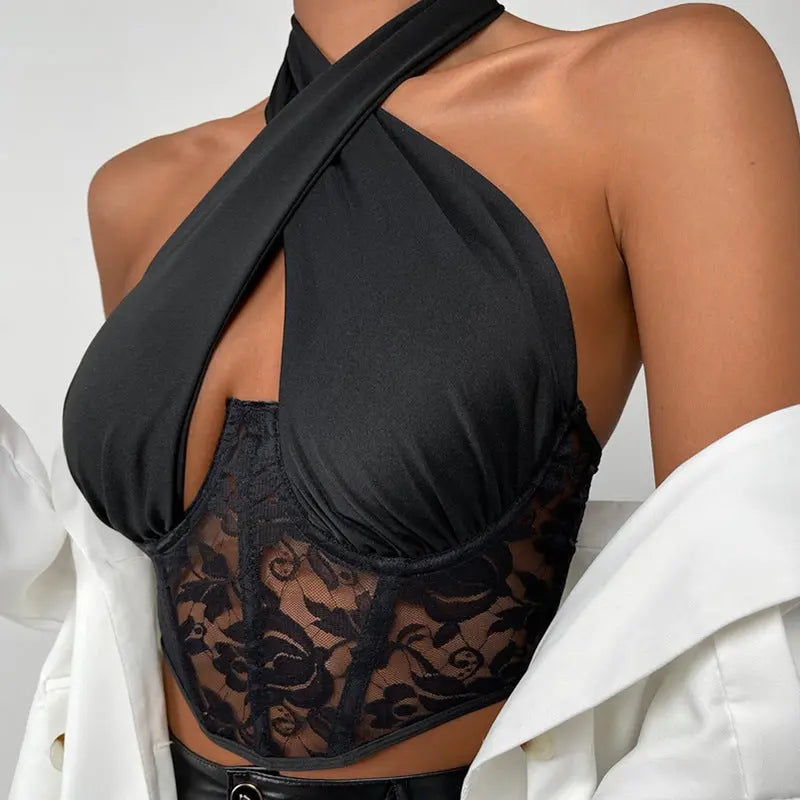 Women Summer Stitching Lace Halter Lace-up Wrapped Chest Steel Ring sexy Vest Boning Corset Boning Corset Corset Bella Mia