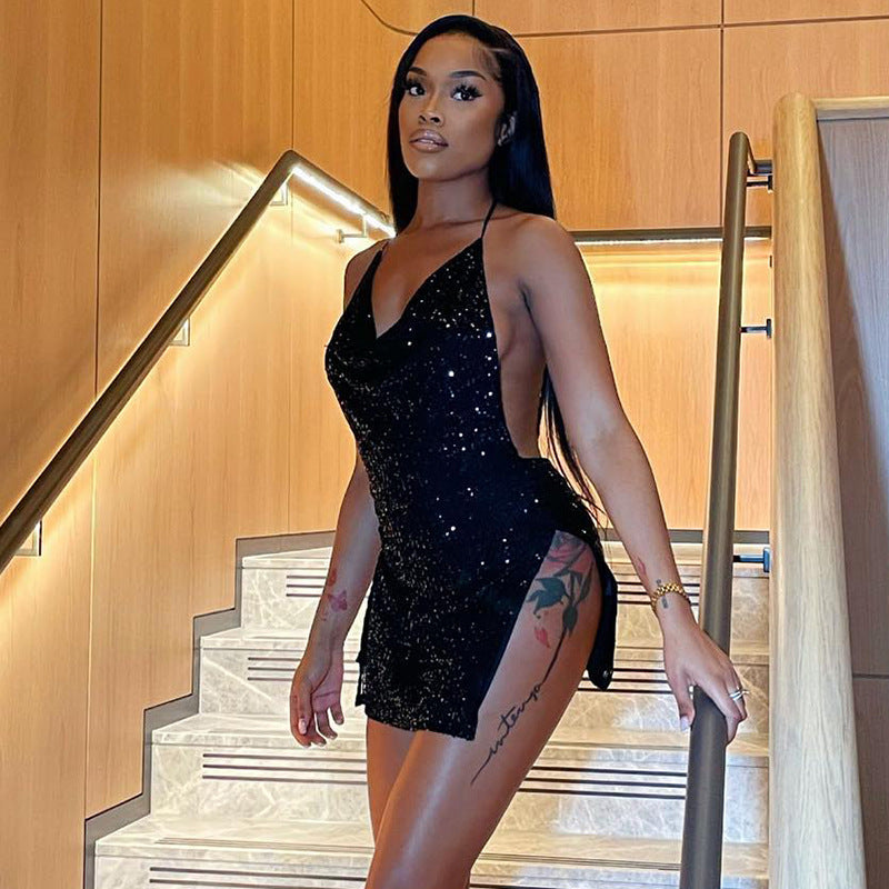 Fried Street Sexy Backless Hollow Out Cutout out Halter Slimming Short Women Dress Bella Mia