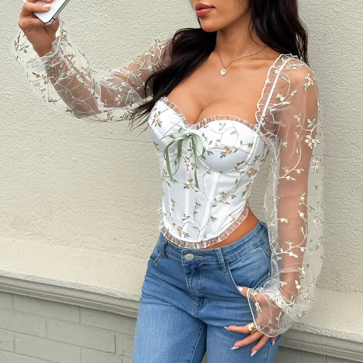 French Romantic Embroidery Floral Sexy Backless Lace up Long Sleeve See through Boning Corset Top Women Bella Mia