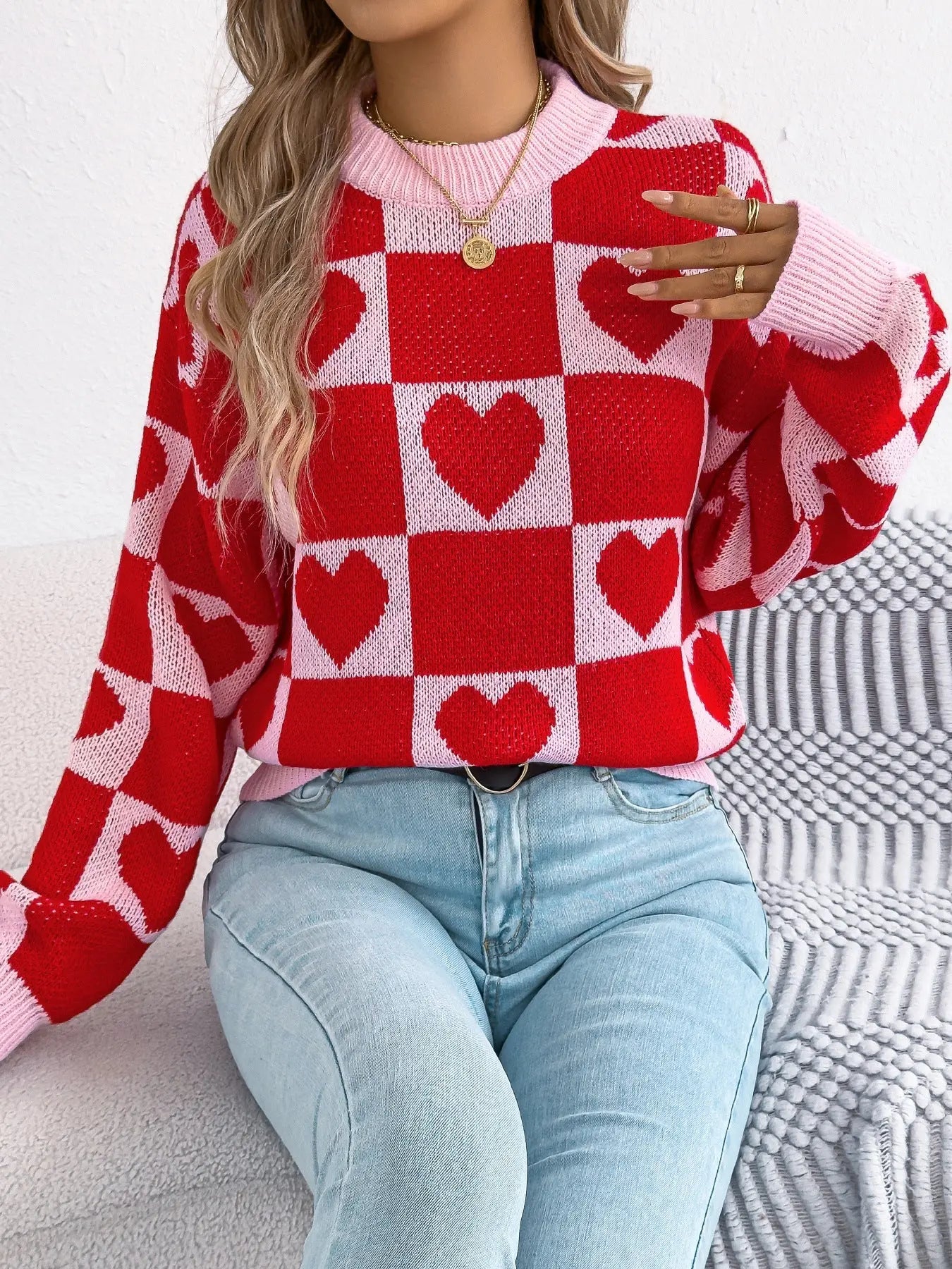 Real Shot Autumn Winter Love Plaid Lantern Long Sleeve Pullover Women Clothing Valentine Day Bella Mia