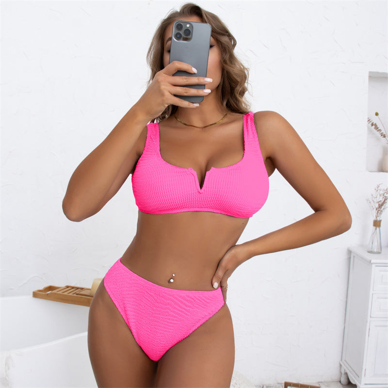 High Waist Split Bikini Sexy Solid Color Deep V Plunge Swimsuit Women Bella Mia