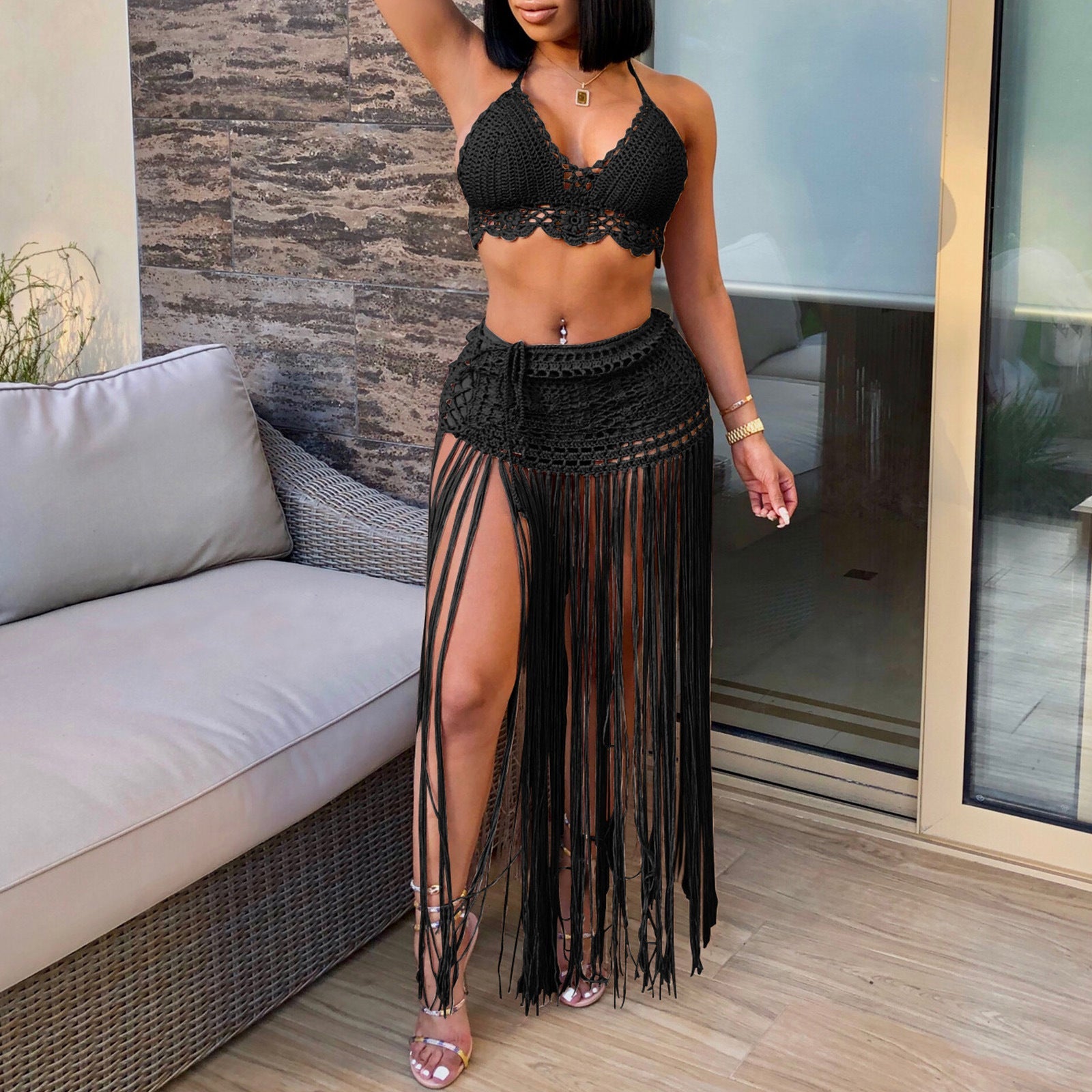 Women Suit Women Clothing Pure Hand Crocheting Beach Bikini Top Lengthened Tassel Skirt Two Piece Set Bella Mia