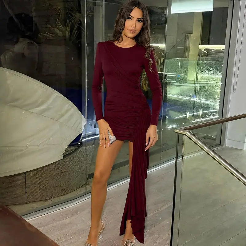 Women Clothing Autumn Winter Slim Fit Pleated Waist Tight Ribbon Solid Color Long Sleeve Dress Bella Mia