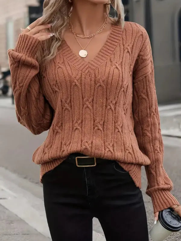 Women Clothing Autumn Winter V neck Sweater Women Twist Thread Solid Color Sweater Loose Top Bella Mia