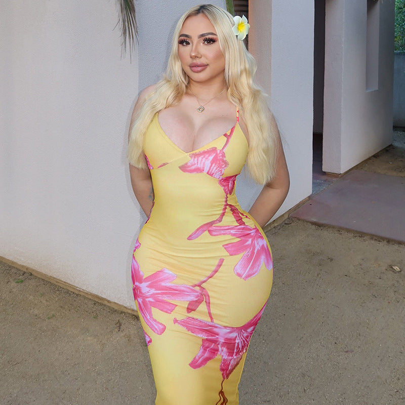 Women Clothing Summer Printed V neck Backless Suspenders Sexy Dress Bella Mia