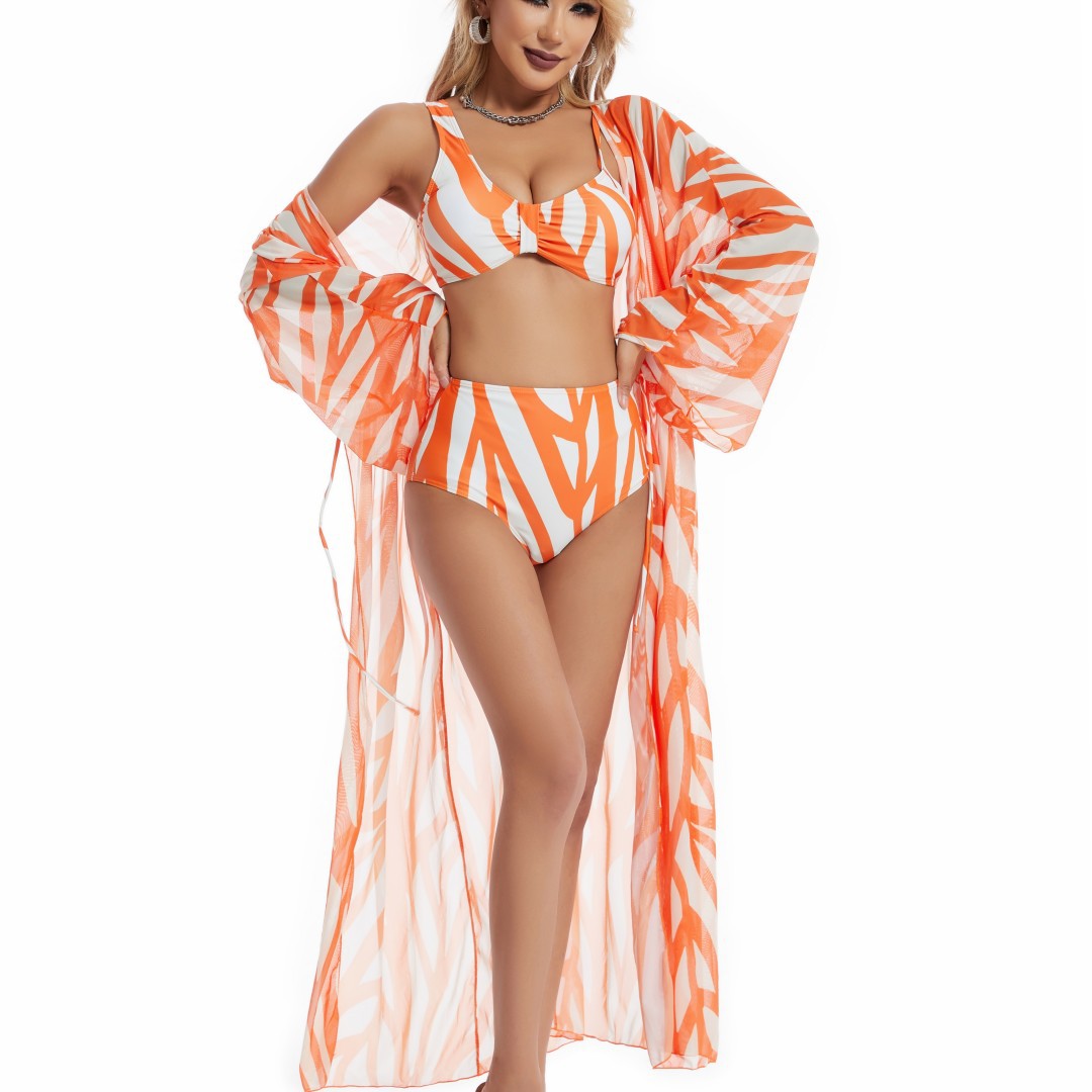 Three Piece Set Split Swimsuit Striped Printed Blouse Sun Protection Swimsuit Bella Mia