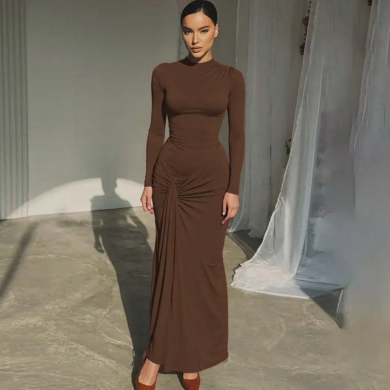 Women Lace Up Maxi Dress Waist Cinching Ruched Solid Color Long Sleeve Crew Neck Bella Mia