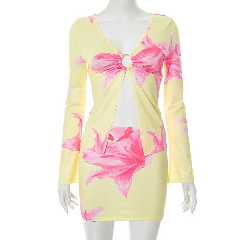 Floral Print Long Sleeve Ring Slit Top Tight Two Piece Sets Bella Mia