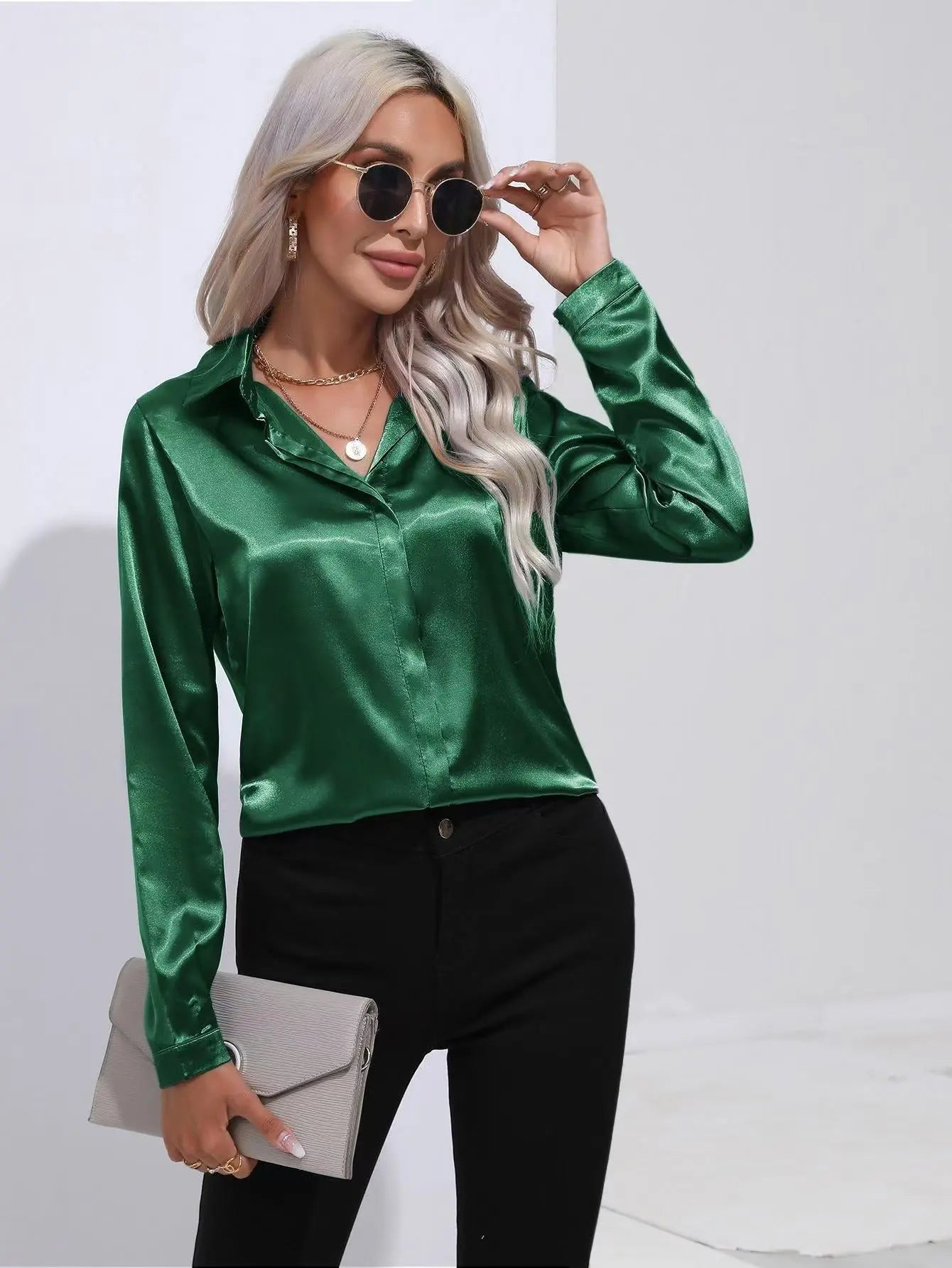 One Button Satin Shirt Office Long Sleeve Shirt Spring Summer Loose Top Women Clothing Bella Mia