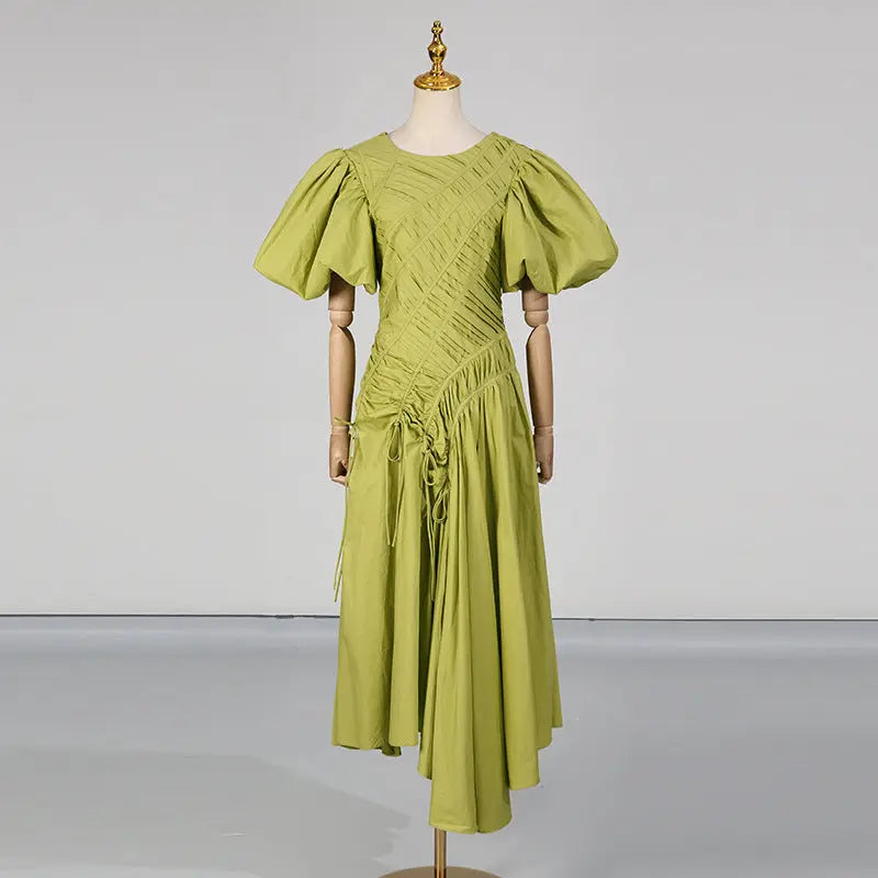 Elegant Simple Prom Dress Women Summer Maxi Dress Puff Sleeve round Neck Pleated Dress Bella Mia